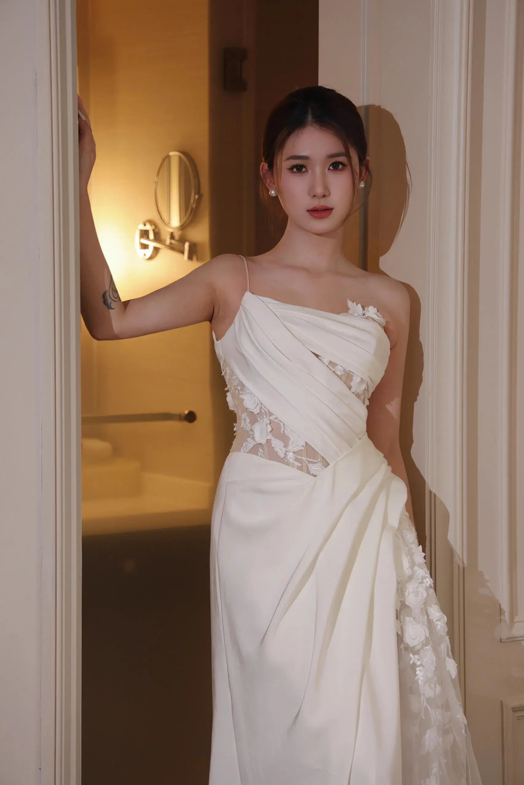 sheer one shoulder wedding dress Aire