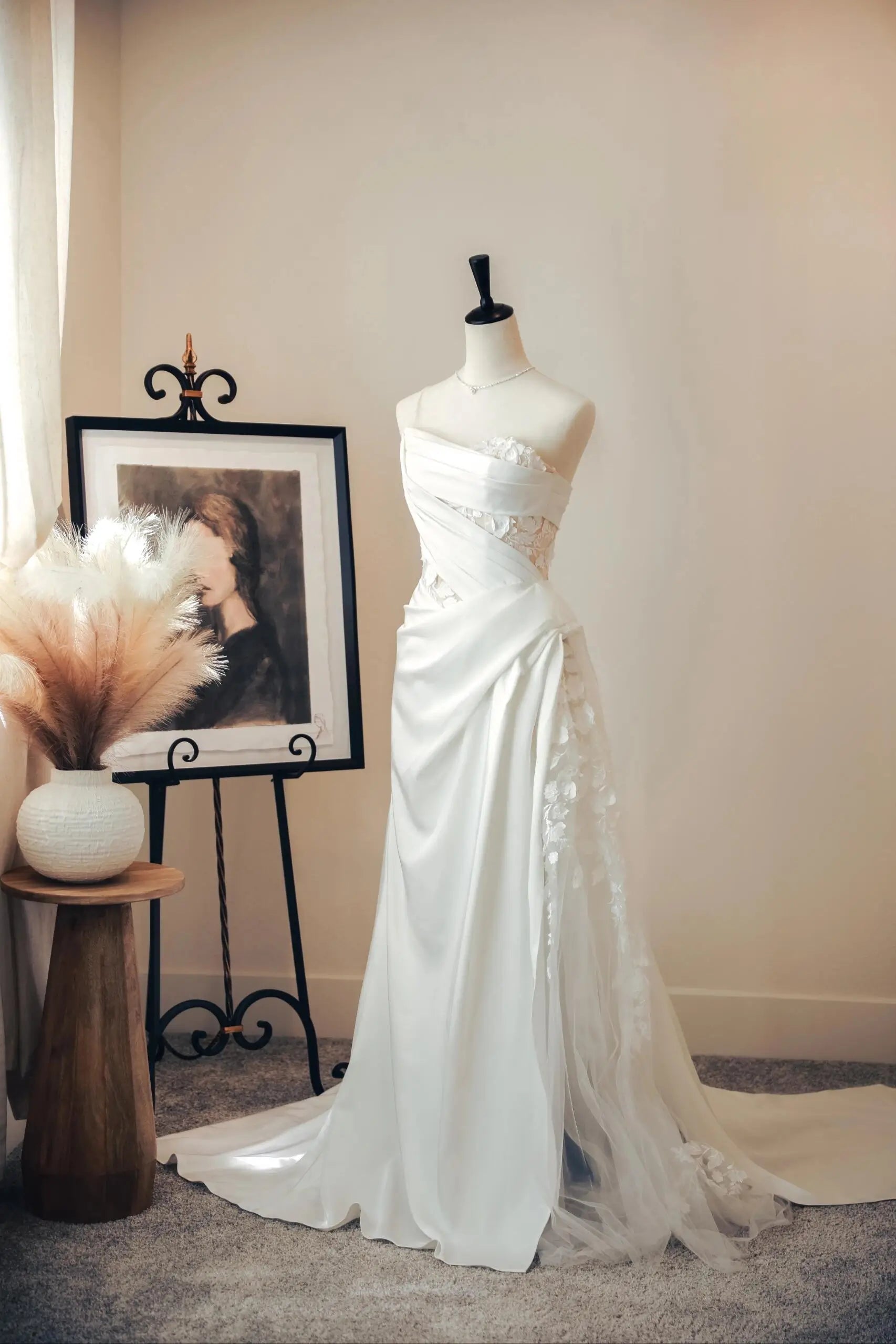 Asymmetrical Draped Wedding Gown with Sheer Lace Corset and Floral Tulle Overlay Style RD008 Ivory / 4 Asymmetrical Draped Wedding Gown with Sheer Lace Corset and Floral Tulle Overlay Style RD008 Ivory / 4