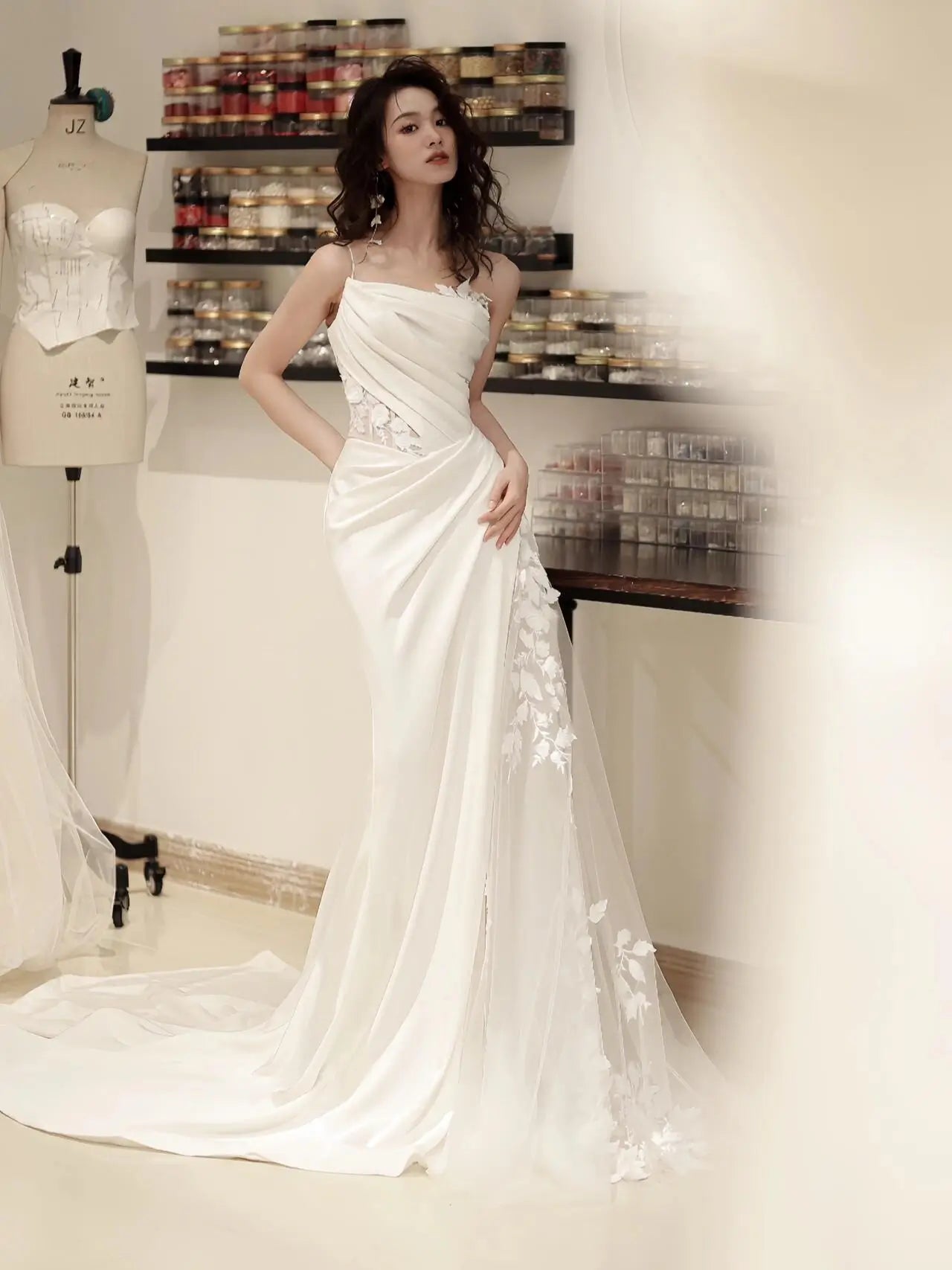 Asymmetrical Draped Wedding Gown with Sheer Lace Corset and Floral Tulle Overlay Style RD008 Ivory / 4 Asymmetrical Draped Wedding Gown with Sheer Lace Corset and Floral Tulle Overlay Style RD008 Ivory / 4