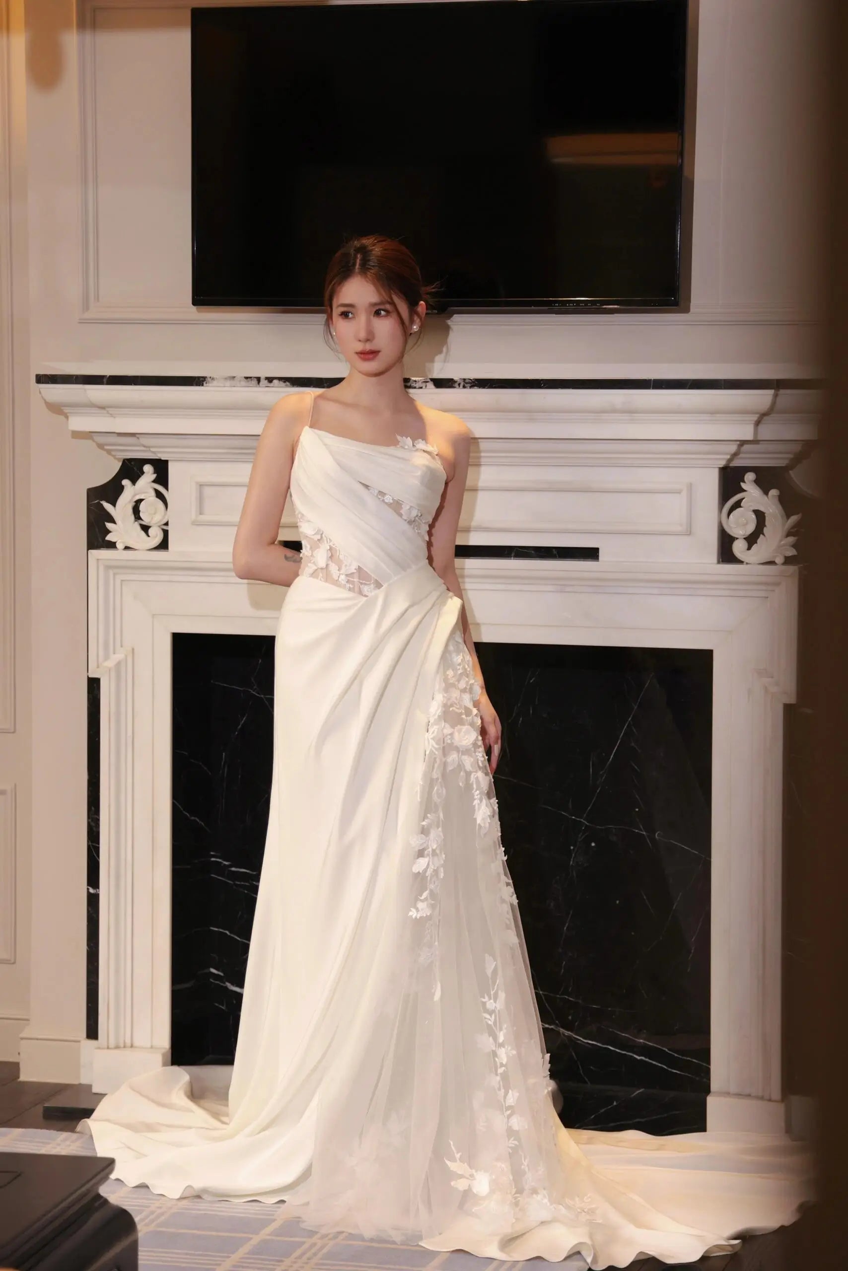 Asymmetrical Draped Wedding Gown with Sheer Lace Corset and Floral Tul – vigocouture