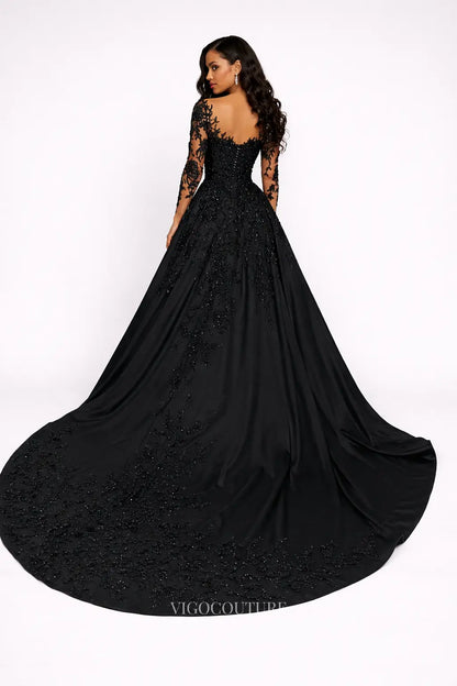 Wedding Dresses 2025 to impress Black Long Sleeve Wedding Dress with Lace Applique, Beaded Bodice, Satin Ball Gown Skirt & Chapel Train - BW001-vigocouture-vigocouture