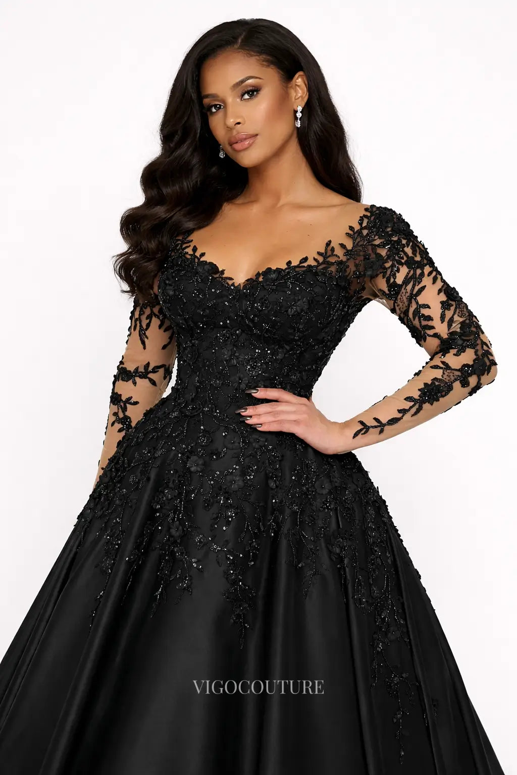 Wedding Dresses 2025 to impress Black Long Sleeve Wedding Dress with Lace Applique, Beaded Bodice, Satin Ball Gown Skirt & Chapel Train - BW001-vigocouture-vigocouture