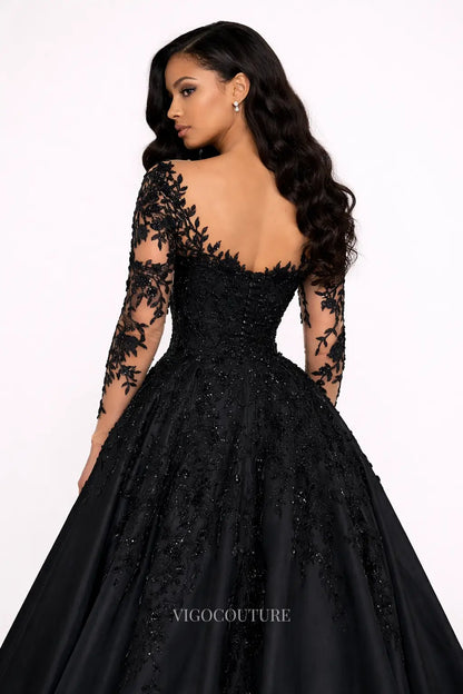 Wedding Dresses 2025 to impress Black Long Sleeve Wedding Dress with Lace Applique, Beaded Bodice, Satin Ball Gown Skirt & Chapel Train - BW001-vigocouture-vigocouture