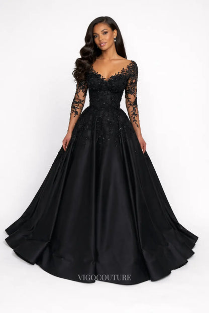 Wedding Dresses 2025 to impress Black Long Sleeve Wedding Dress with Lace Applique, Beaded Bodice, Satin Ball Gown Skirt & Chapel Train - BW001-vigocouture-vigocouture