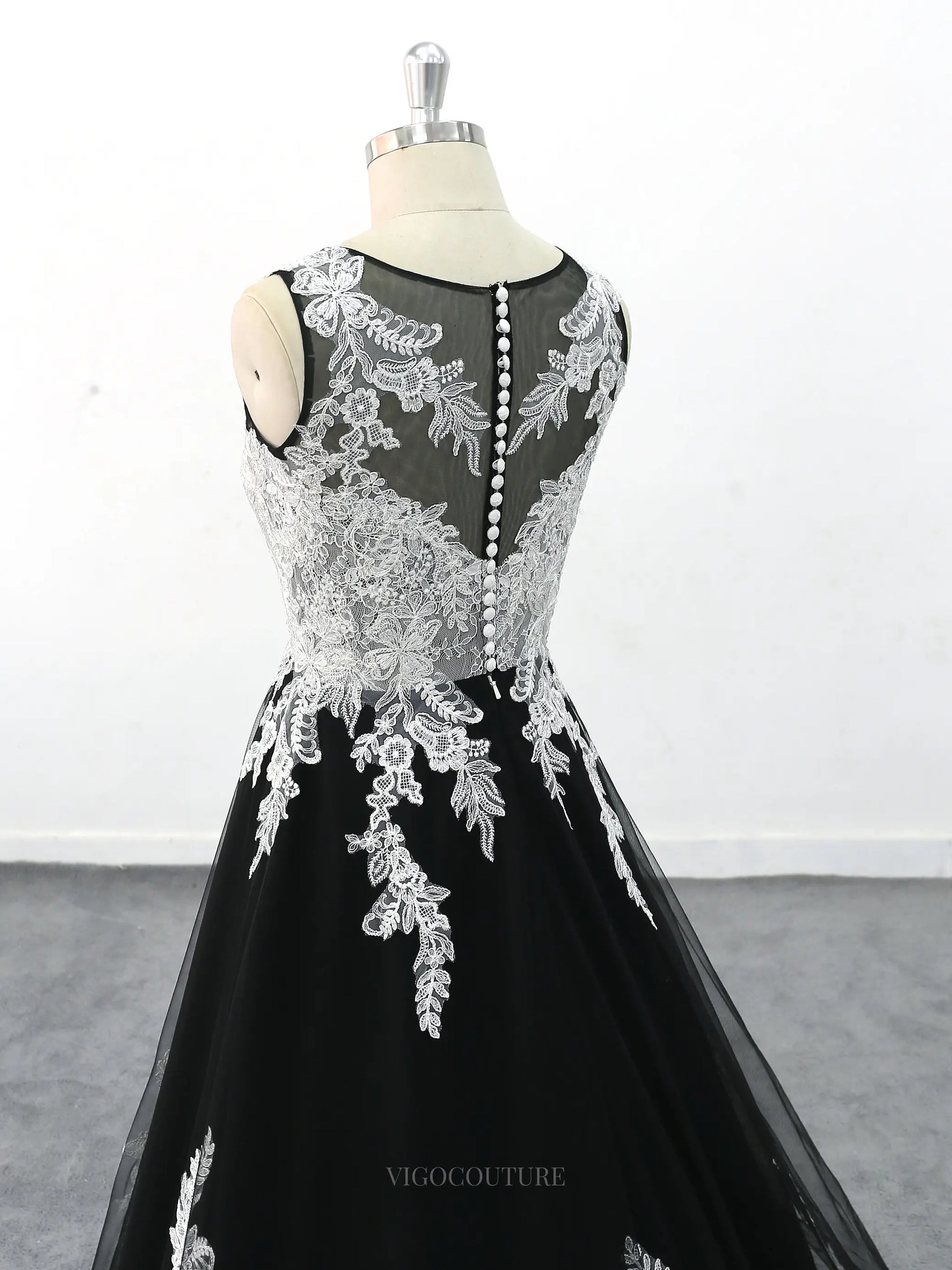 Black Tulle Ivory Lace Wedding Dresses with Boat Neck & Court Train - vigocouture Black Tulle Ivory Lace Wedding Dresses with Boat Neck & Court Train - vigocouture