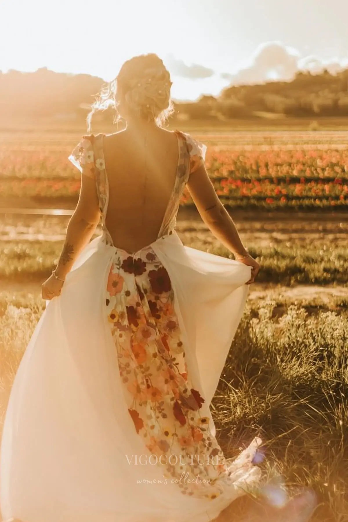 Wedding Dresses 2025 to impress Bohemian Floral Wedding Dress with Open Back, Floral Embroidered Bodice, and Flowing Chiffon Skirt – W2228-vigocouture-vigocouture