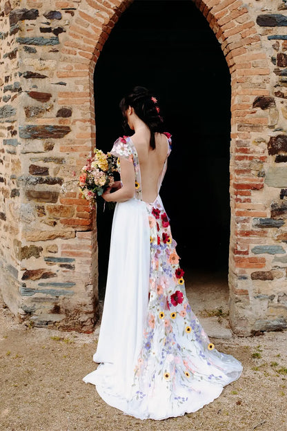 Wedding Dresses 2025 to impress Bohemian Floral Wedding Dress with Open Back, Floral Embroidered Bodice, and Flowing Chiffon Skirt – W2228-vigocouture-vigocouture