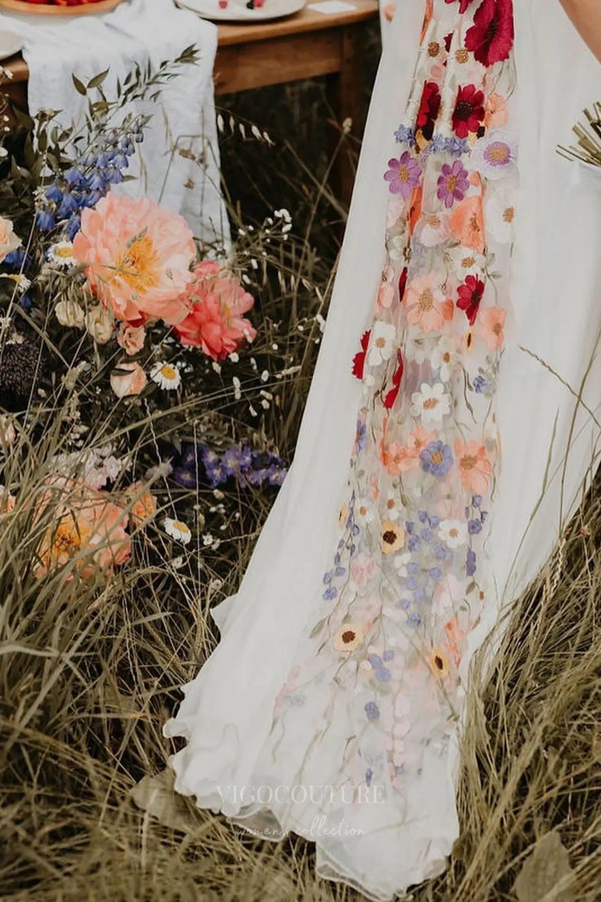 Wedding Dresses 2025 to impress Bohemian Floral Wedding Dress with Open Back, Floral Embroidered Bodice, and Flowing Chiffon Skirt – W2228-vigocouture-vigocouture