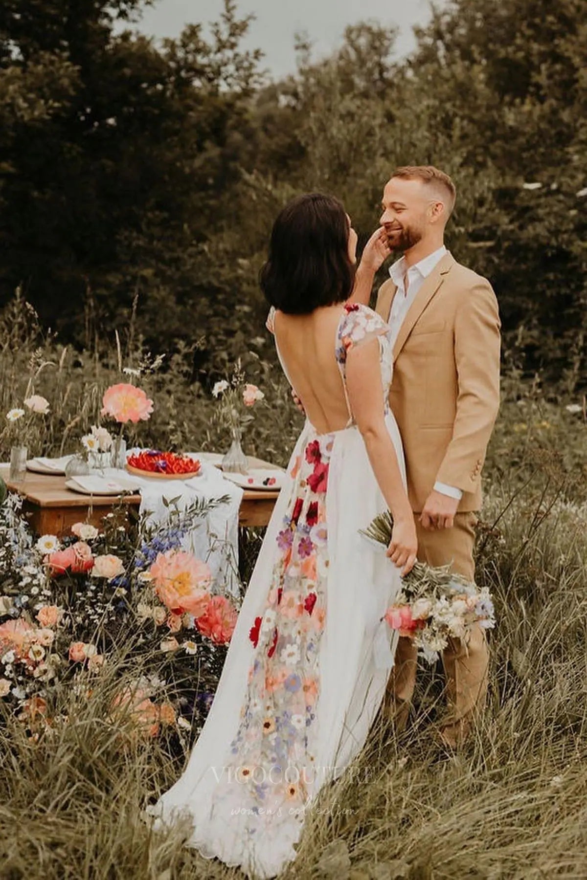 Wedding Dresses 2025 to impress Bohemian Floral Wedding Dress with Open Back, Floral Embroidered Bodice, and Flowing Chiffon Skirt – W2228-vigocouture-vigocouture