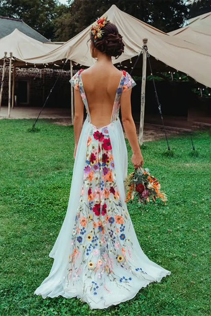 Wedding Dresses 2025 to impress Bohemian Floral Wedding Dress with Open Back, Floral Embroidered Bodice, and Flowing Chiffon Skirt – W2228-vigocouture-vigocouture