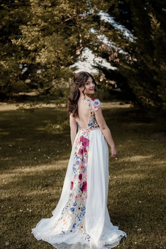 Bohemian Floral Wedding Dress with Open Back, Floral Embroidered Bodice, and Flowing Chiffon Skirt – W2228