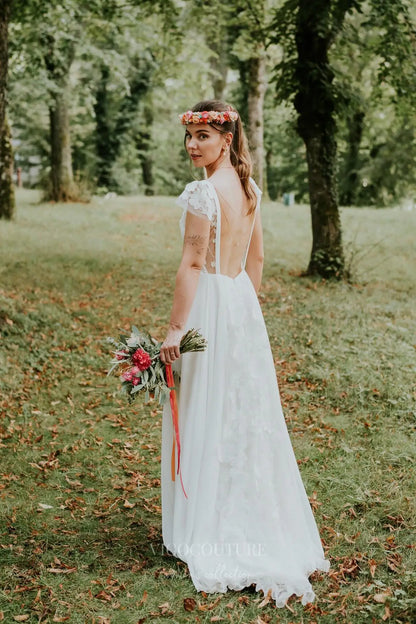Wedding Dresses 2025 to impress Bohemian Floral Wedding Dress with V-Neckline, Sheer Floral Lace Cap Sleeves, and Open Back – W2229-vigocouture-vigocouture