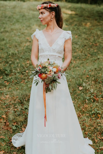 Bohemian Floral Wedding Dress with V-Neckline, Sheer Floral Lace Cap Sleeves, and Open Back – W2229