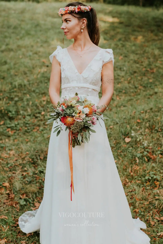 Bohemian Floral Wedding Dress with V-Neckline, Sheer Floral Lace Cap Sleeves, and Open Back – W2229