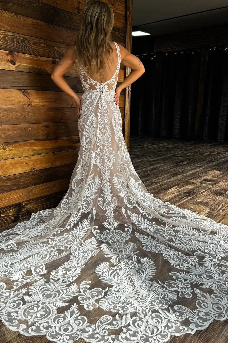 Wedding Dresses 2025 to impress Bohemian Ivory Lace Wedding Dress with Deep V-Neck, Low Back, and Chapel Train – W2224-vigocouture-vigocouture