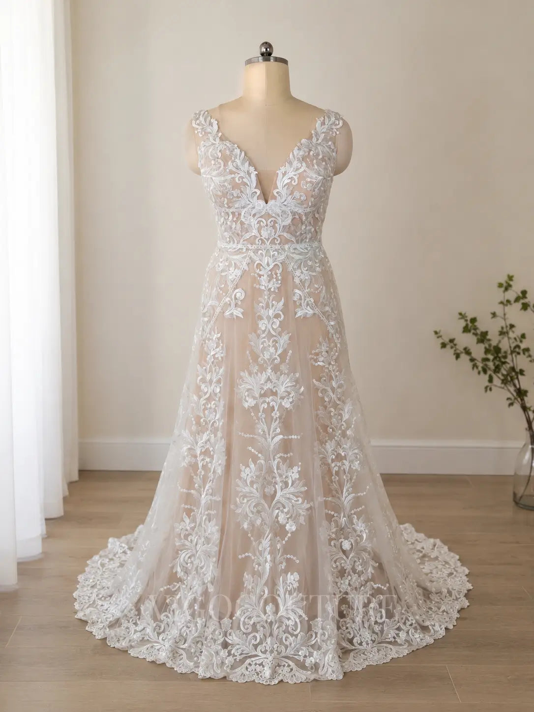 Wedding Dresses 2025 to impress Bohemian Ivory Lace Wedding Dress with Deep V-Neck, Low Back, and Chapel Train – W2224-vigocouture-vigocouture