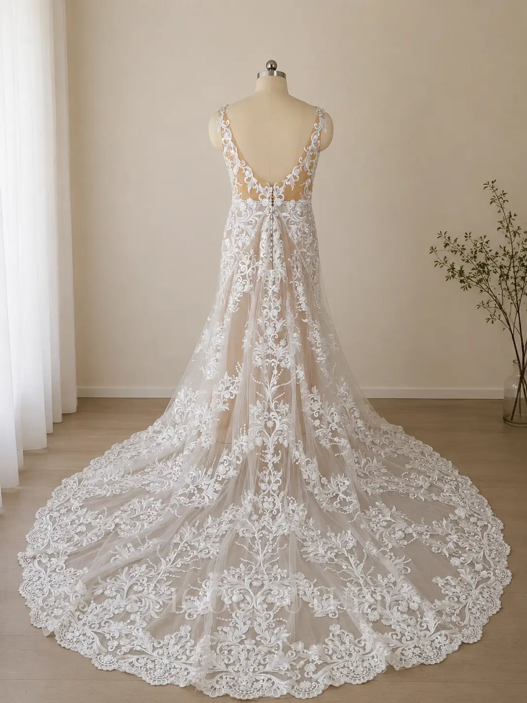 Wedding Dresses 2025 to impress Bohemian Ivory Lace Wedding Dress with Deep V-Neck, Low Back, and Chapel Train – W2224-vigocouture-vigocouture