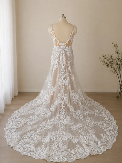 Wedding Dresses 2025 to impress Bohemian Ivory Lace Wedding Dress with Deep V-Neck, Low Back, and Chapel Train – W2224-vigocouture-vigocouture