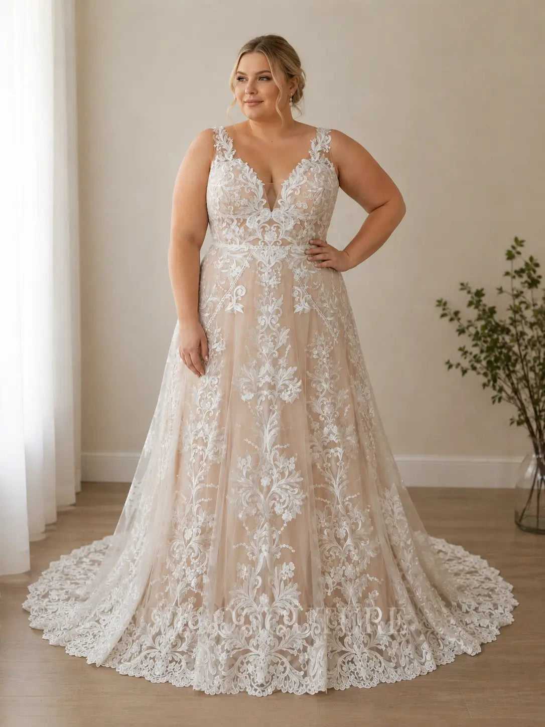 Wedding Dresses 2025 to impress Bohemian Ivory Lace Wedding Dress with Deep V-Neck, Low Back, and Chapel Train – W2224-vigocouture-vigocouture