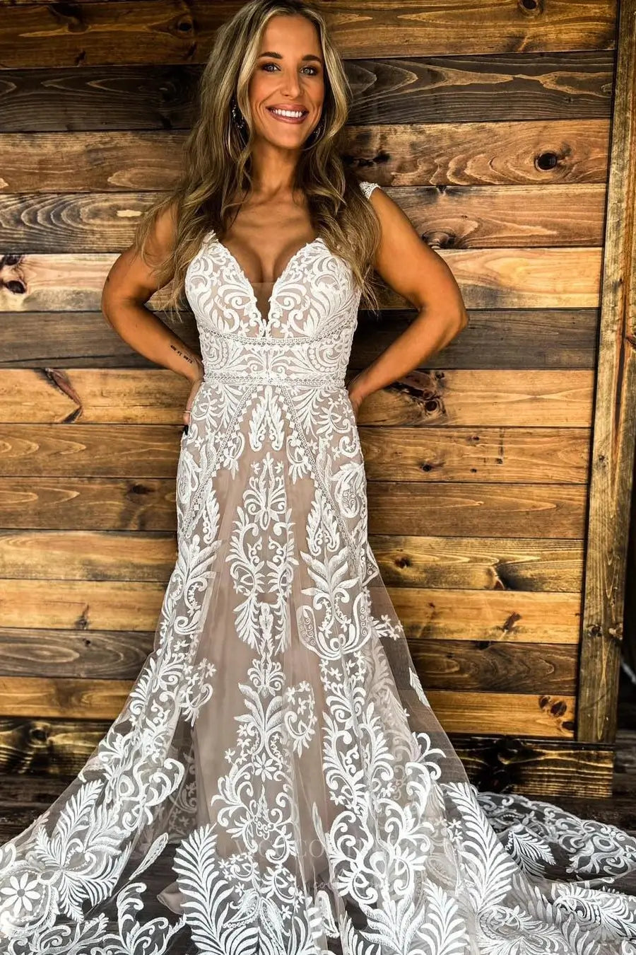 Bohemian Ivory Lace Wedding Dress with Deep V-Neck, Low Back, and Chapel Train – W2224