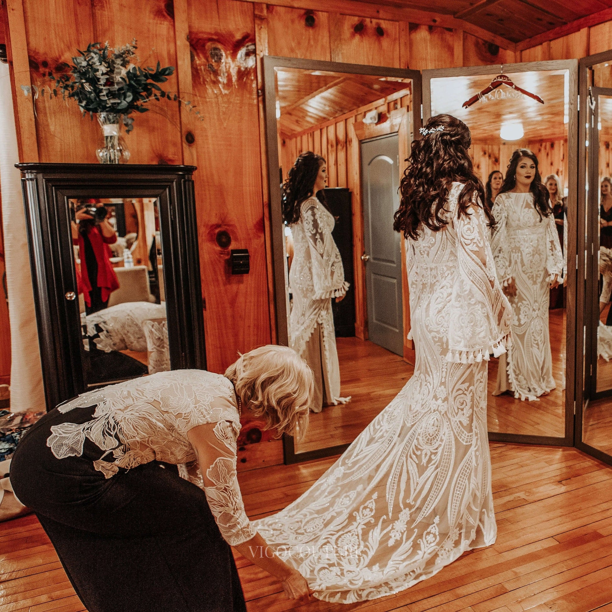 Bohemian Lace Long Batwing Sleeve Wedding Dresses with Slit Sheath Tas vigocouture Bohemian Lace Long Batwing Sleeve Wedding Dresses with Slit Sheath Tas vigocouture