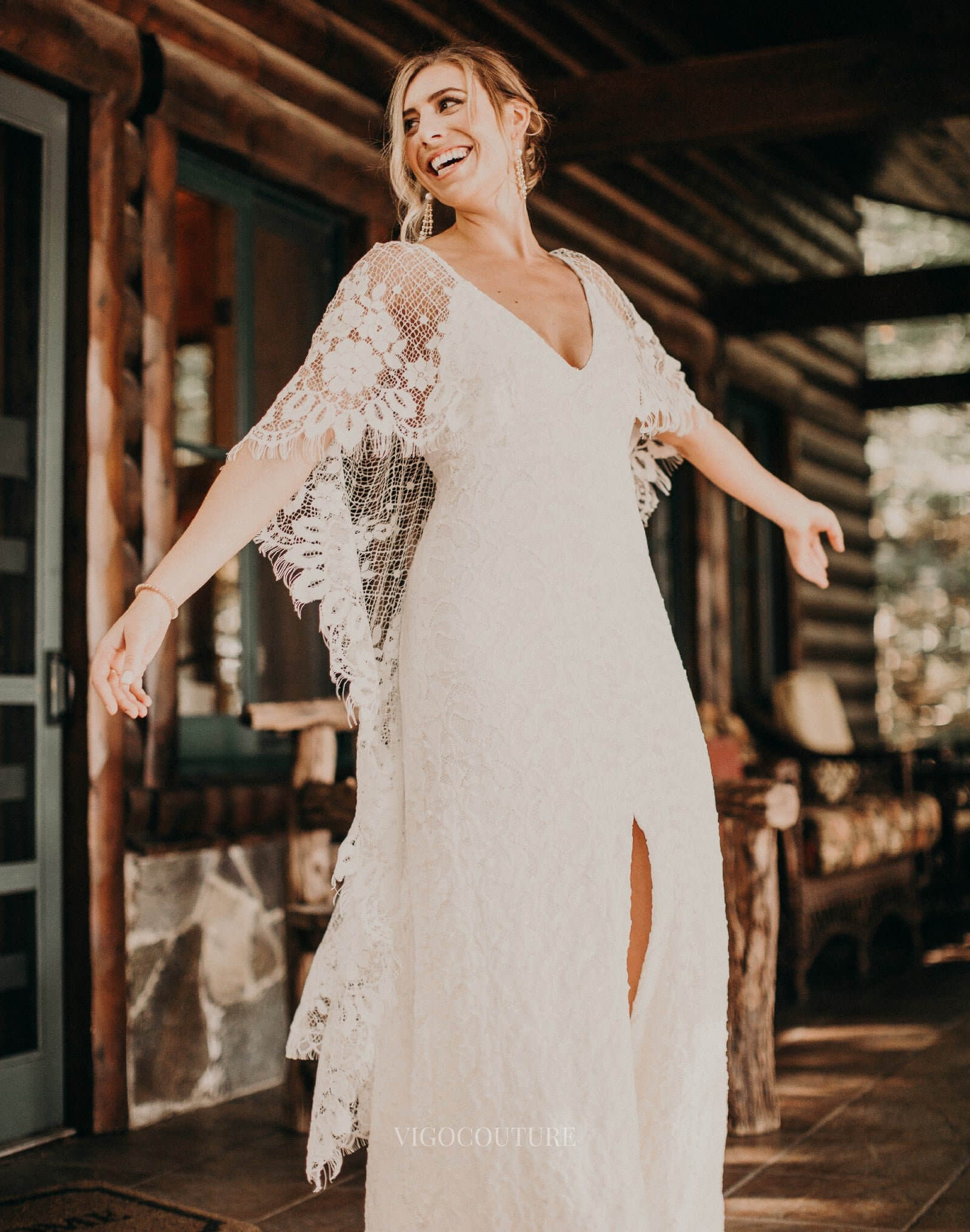 Bohemian Lace Wedding Dress with Butterfly Sleeves and Slit – w0162 Ivory / 26W