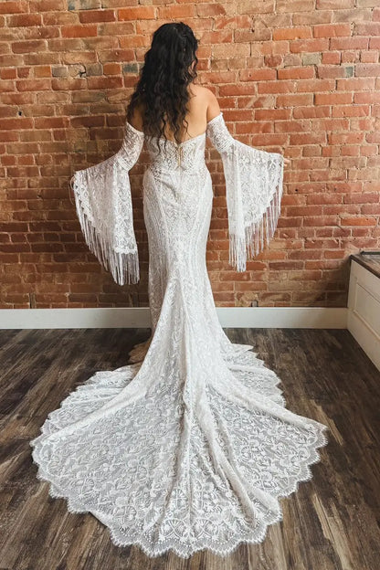 Wedding Dresses 2025 to impress Bohemian Lace Wedding Dress with Detachable Bell Sleeves, Sweetheart Neckline, and Chapel Train – W2226-vigocouture-vigocouture
