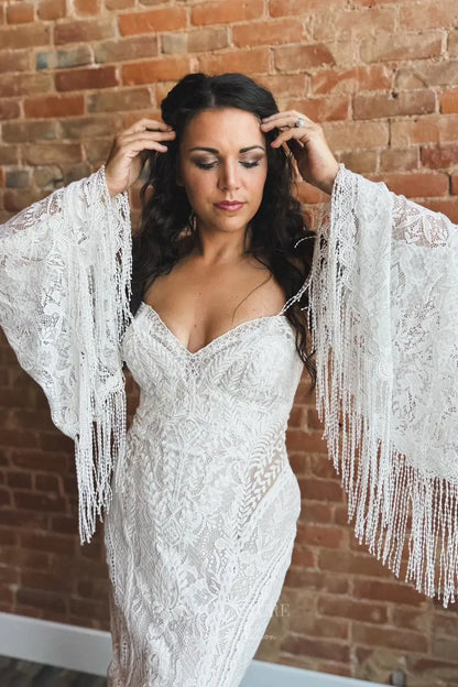 Wedding Dresses 2025 to impress Bohemian Lace Wedding Dress with Detachable Bell Sleeves, Sweetheart Neckline, and Chapel Train – W2226-vigocouture-vigocouture