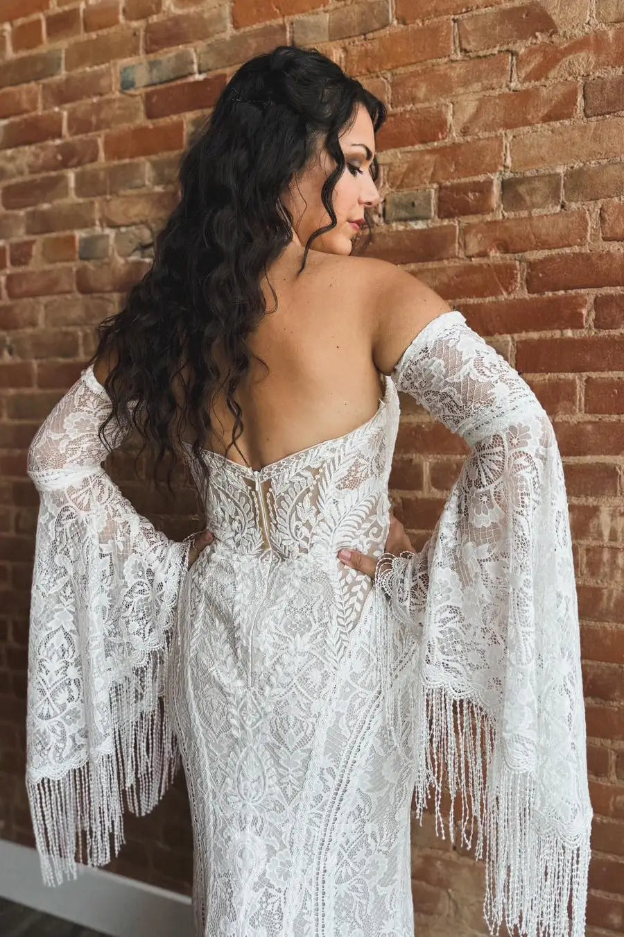 Wedding Dresses 2025 to impress Bohemian Lace Wedding Dress with Detachable Bell Sleeves, Sweetheart Neckline, and Chapel Train – W2226-vigocouture-vigocouture