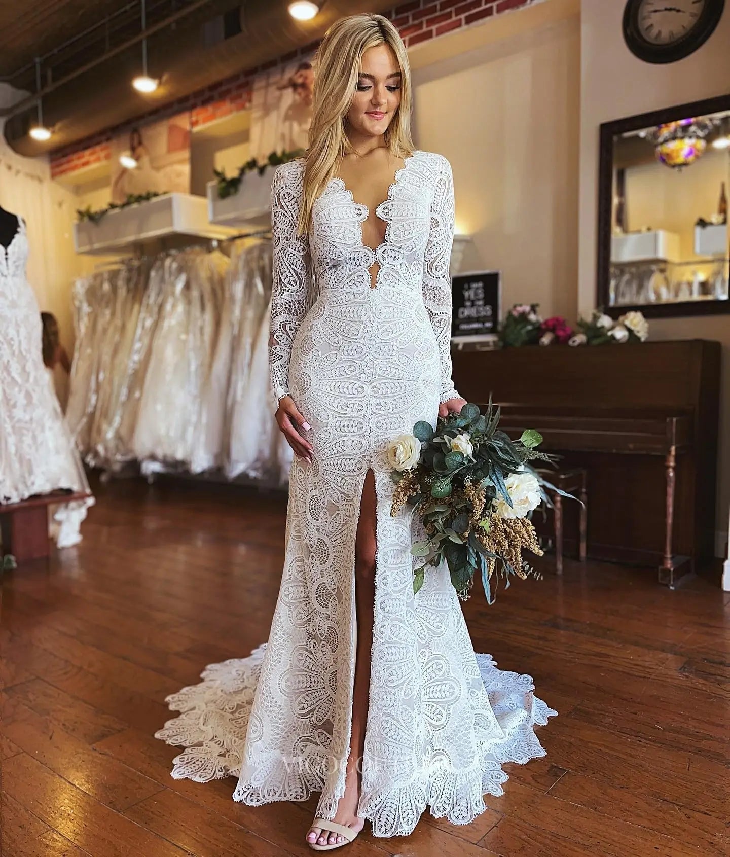 Boho Ivory Lace Mermaid Wedding Dress with Deep V-Neck, Long Sleeves, Front Slit & Scalloped Train – W2637