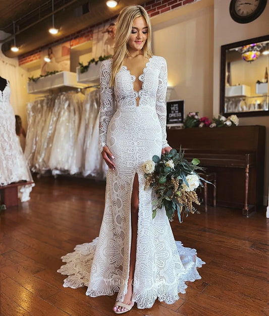 Boho Ivory Lace Mermaid Wedding Dress with Deep V-Neck, Long Sleeves, Front Slit & Scalloped Train – W2637
