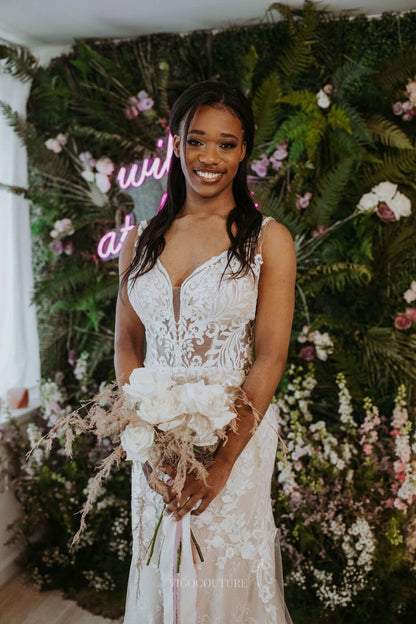 Boho Lace Applique V-Neck Wedding Dress Spaghetti Strap Mermaid Bridal Gown W0135 Ivory / US16 Boho Lace Applique V-Neck Wedding Dress Spaghetti Strap Mermaid Bridal Gown W0135 Ivory / US16