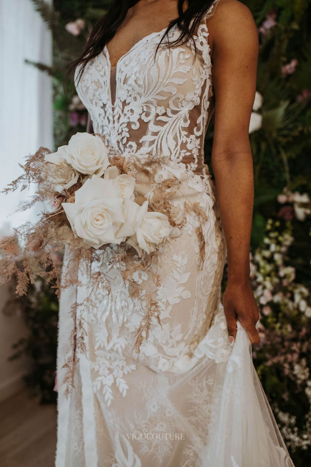 Boho Lace Applique V-Neck Wedding Dress Spaghetti Strap Mermaid Bridal Gown w0135 Ivory / US16 Boho Lace Applique V-Neck Wedding Dress Spaghetti Strap Mermaid Bridal Gown w0135 Ivory / US16