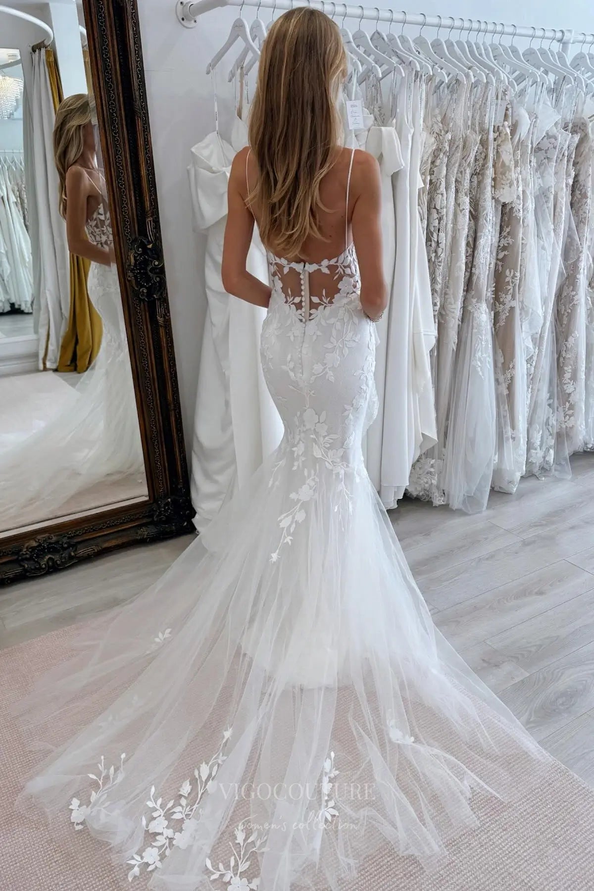 Wedding Dresses 2025 to impress Boho Lace Mermaid Wedding Dress with Plunging V-Neck, Spaghetti Straps, Illusion Back, and Court Train – W2366-vigocouture-vigocouture