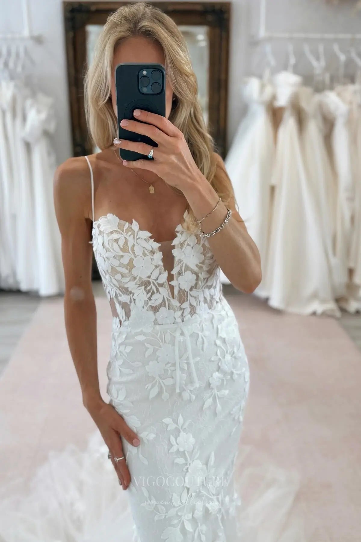 Boho Lace Mermaid Wedding Dress with Plunging V-Neck, Spaghetti Straps, Illusion Back, and Court Train – W2366