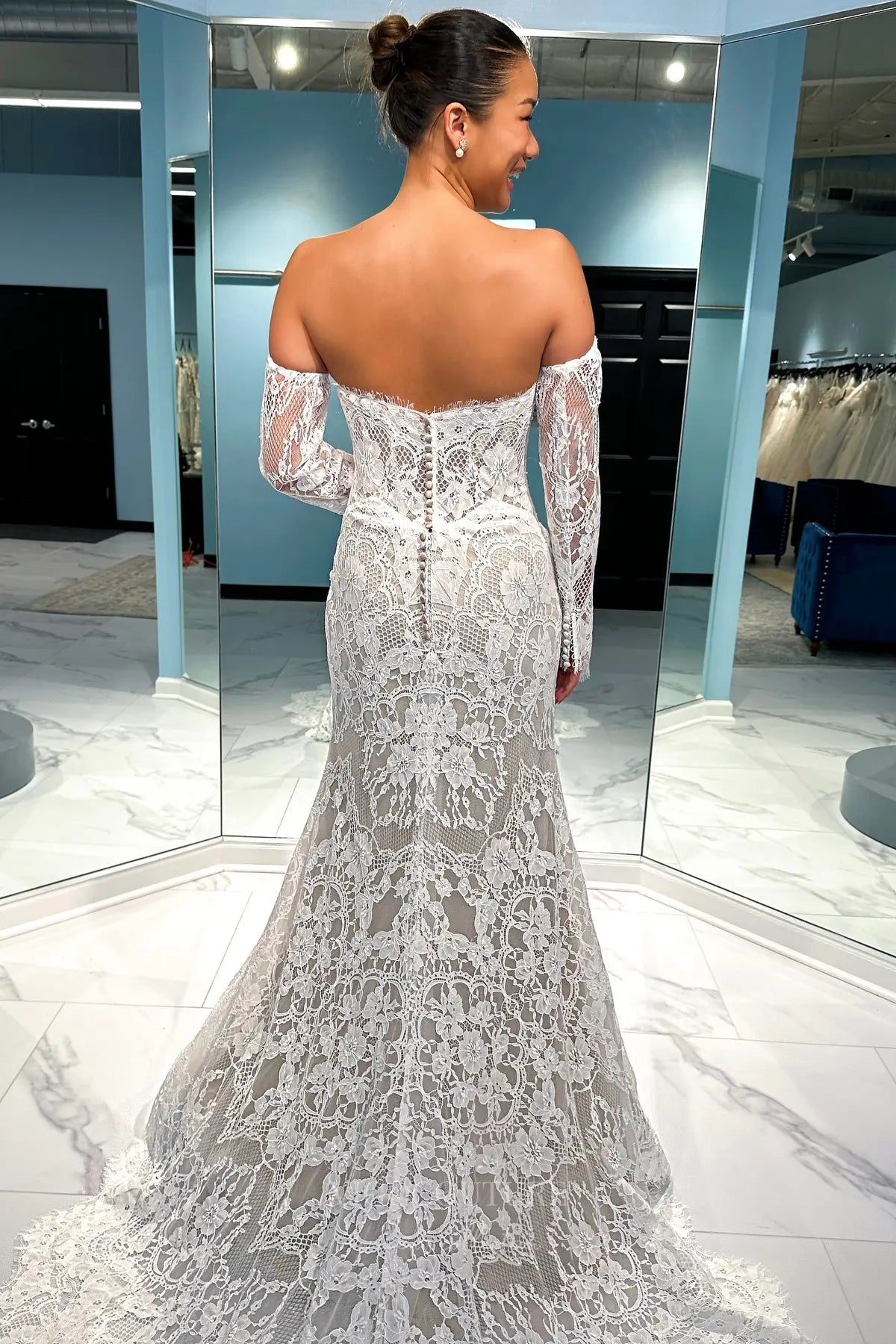 Wedding Dresses 2025 to impress Boho Nude Mermaid Lace Wedding Dress with Off-Shoulder Long Sleeves and Chapel Train – W2225-vigocouture-vigocouture