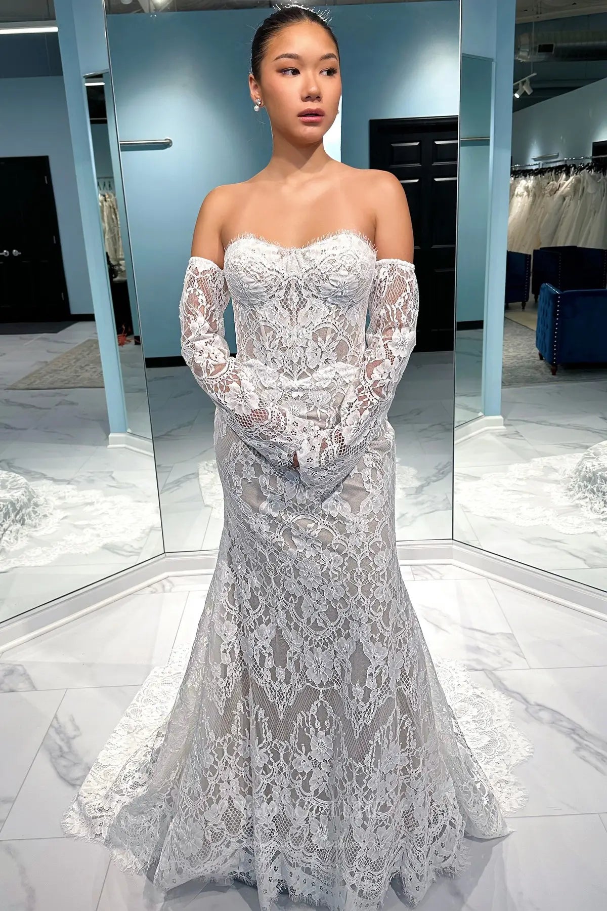 Wedding Dresses 2025 to impress Boho Nude Mermaid Lace Wedding Dress with Off-Shoulder Long Sleeves and Chapel Train – W2225-vigocouture-vigocouture