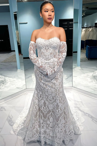 Wedding Dresses 2025 to impress Boho Nude Mermaid Lace Wedding Dress with Off-Shoulder Long Sleeves and Chapel Train – W2225-vigocouture-vigocouture