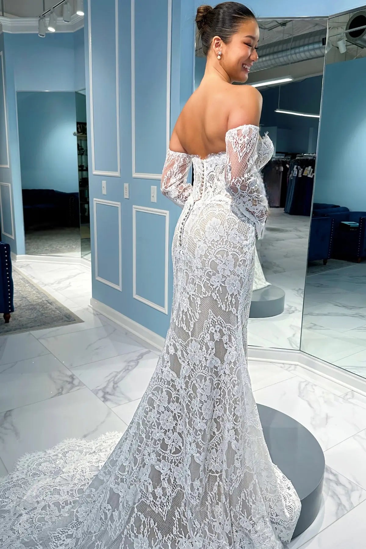 Wedding Dresses 2025 to impress Boho Nude Mermaid Lace Wedding Dress with Off-Shoulder Long Sleeves and Chapel Train – W2225-vigocouture-vigocouture