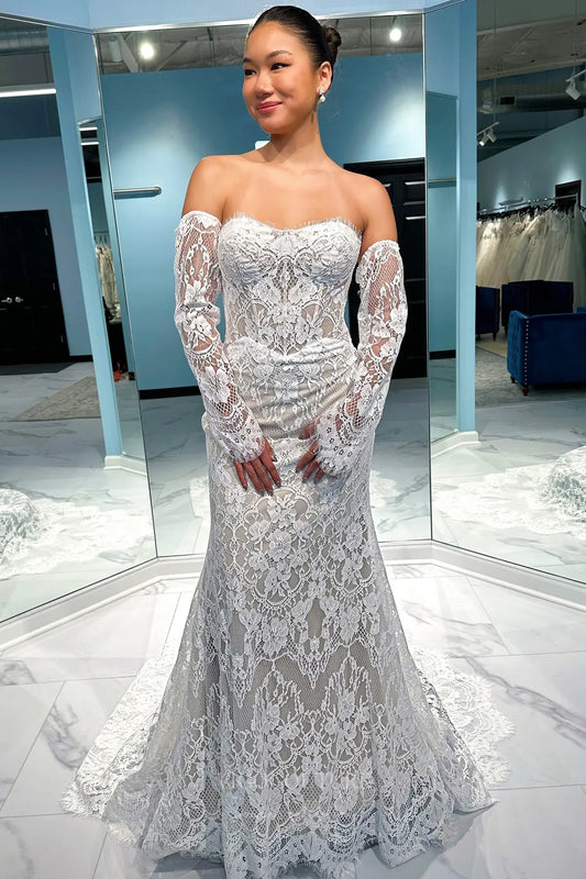 Boho Nude Mermaid Lace Wedding Dress with Off-Shoulder Long Sleeves and Chapel Train – W2225
