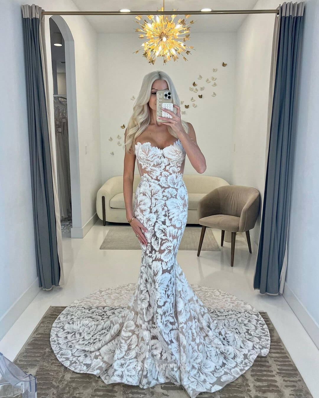 sparkly boho dress Sparkly Botanic Lace Bell Sleeve Mermaid Boho Wedding Dress Light Ivory / Dress + Sleeves