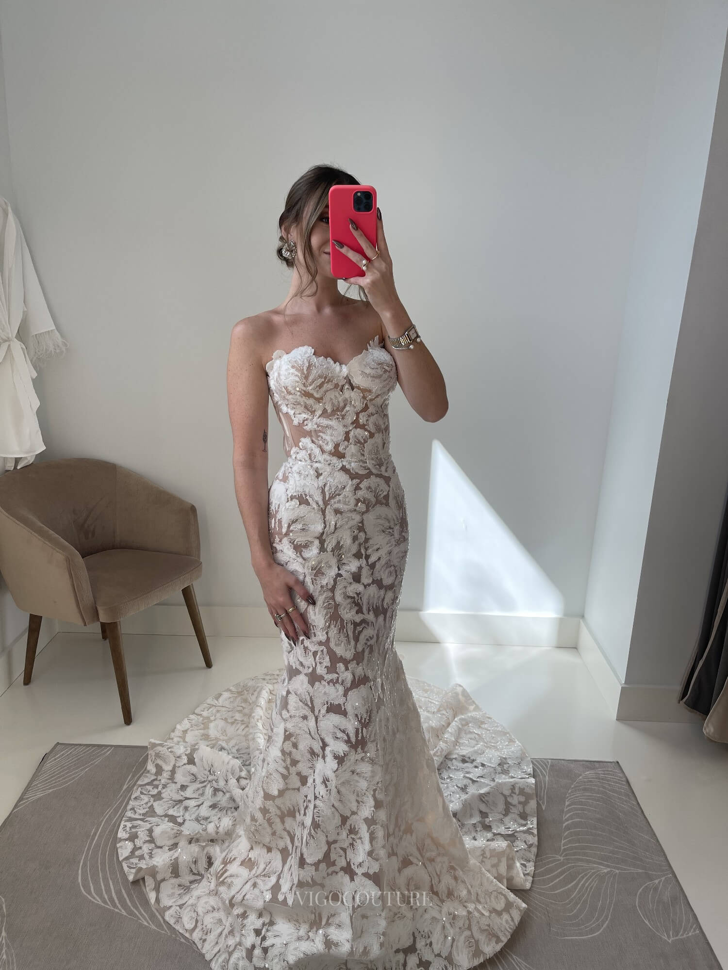 boho sparkly wedding dress A Line Square Neckline Sparkly Boho Wedding Dress with Sweep Train QW2595 US14 / White