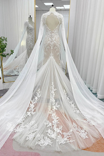 Wedding Dresses 2025 to impress Champagne Lace Sheath Wedding Dresses with Removable Extra Long Sleeve & V-Neck - MQ031S-vigocouture-vigocouture
