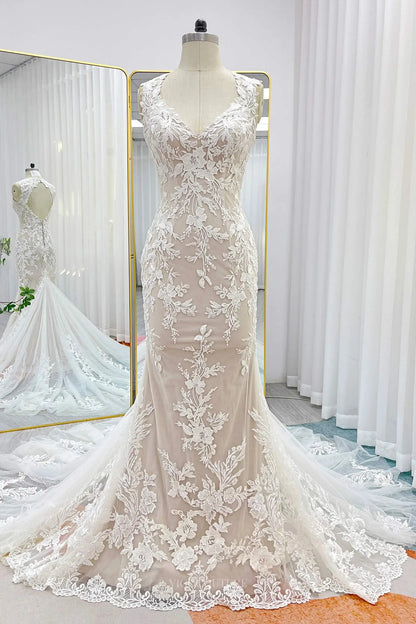 Wedding Dresses 2025 to impress Champagne Lace Sheath Wedding Dresses with Removable Extra Long Sleeve & V-Neck - MQ031S-vigocouture-vigocouture