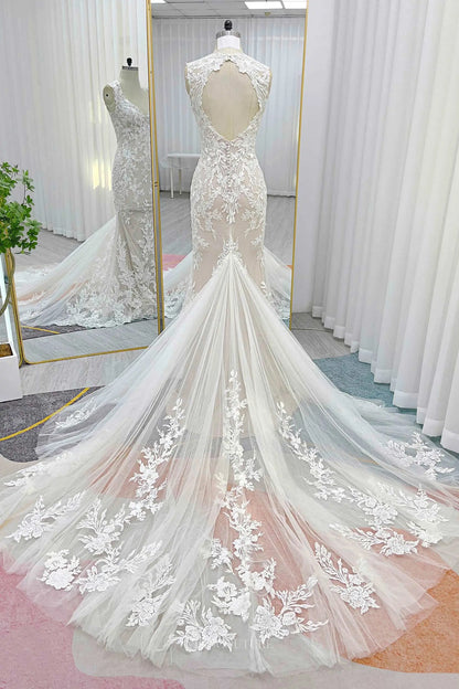 Wedding Dresses 2025 to impress Champagne Lace Sheath Wedding Dresses with Removable Extra Long Sleeve & V-Neck - MQ031S-vigocouture-vigocouture