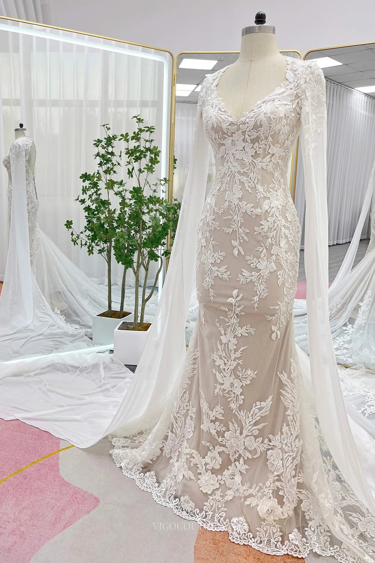 Wedding Dresses 2025 to impress Champagne Lace Sheath Wedding Dresses with Removable Extra Long Sleeve & V-Neck - MQ031S-vigocouture-vigocouture