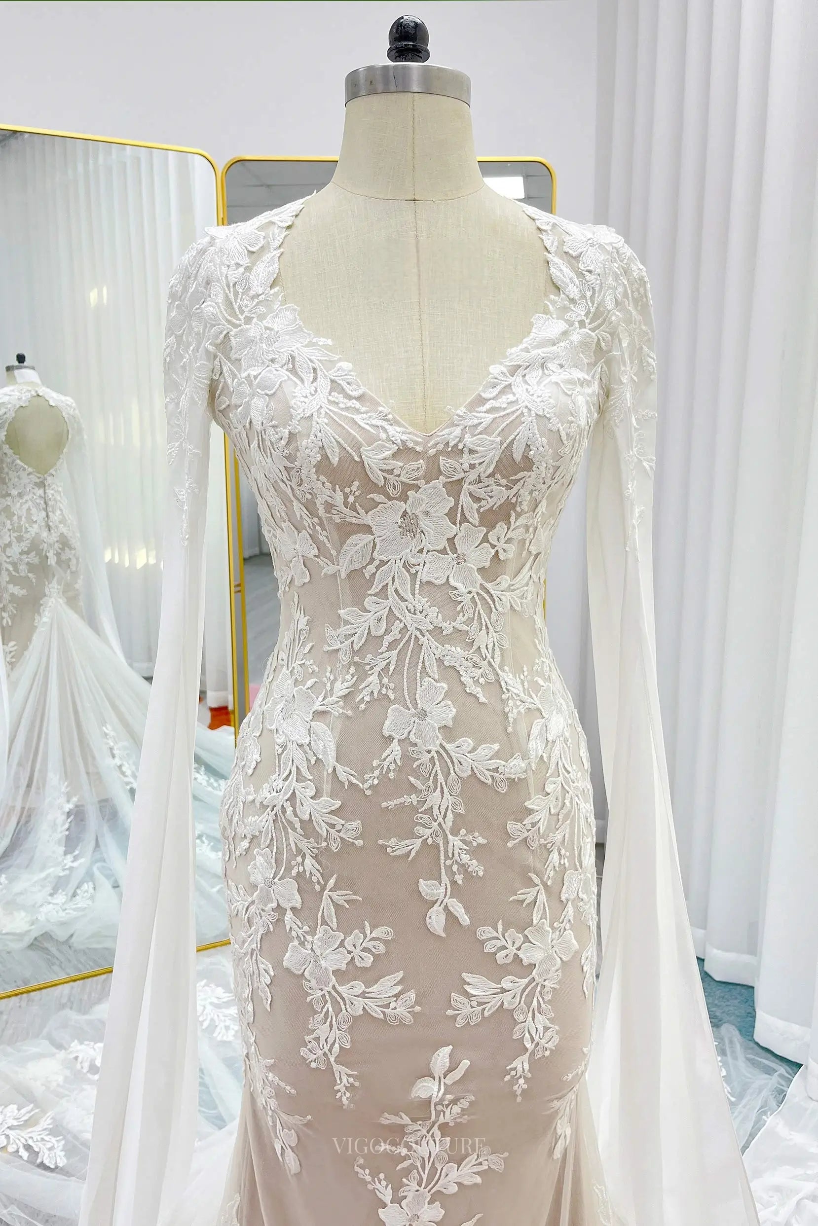 Wedding Dresses 2025 to impress Champagne Lace Sheath Wedding Dresses with Removable Extra Long Sleeve & V-Neck - MQ031S-vigocouture-vigocouture