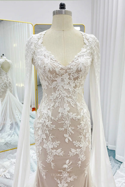 Wedding Dresses 2025 to impress Champagne Lace Sheath Wedding Dresses with Removable Extra Long Sleeve & V-Neck - MQ031S-vigocouture-vigocouture