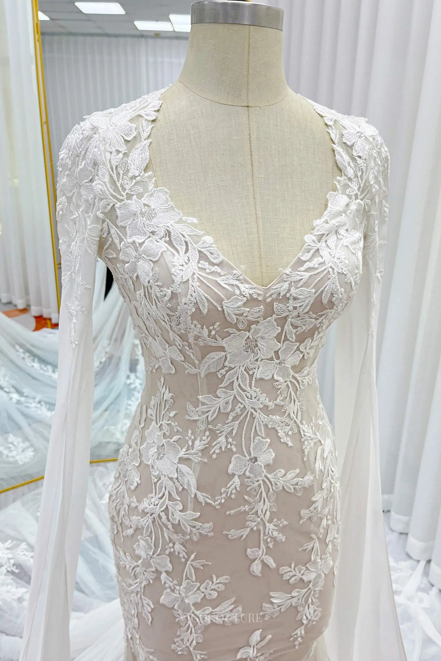 Wedding Dresses 2025 to impress Champagne Lace Sheath Wedding Dresses with Removable Extra Long Sleeve & V-Neck - MQ031S-vigocouture-vigocouture