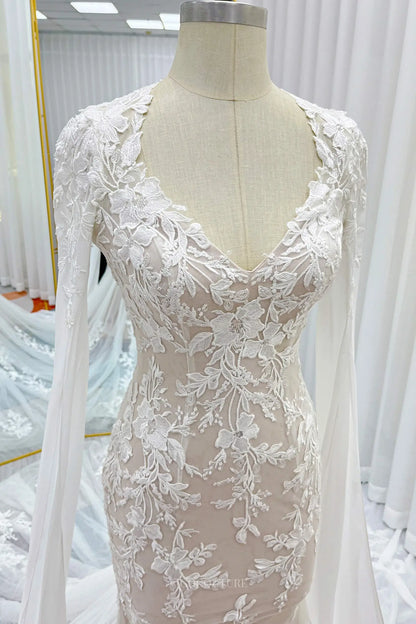 Wedding Dresses 2025 to impress Champagne Lace Sheath Wedding Dresses with Removable Extra Long Sleeve & V-Neck - MQ031S-vigocouture-vigocouture